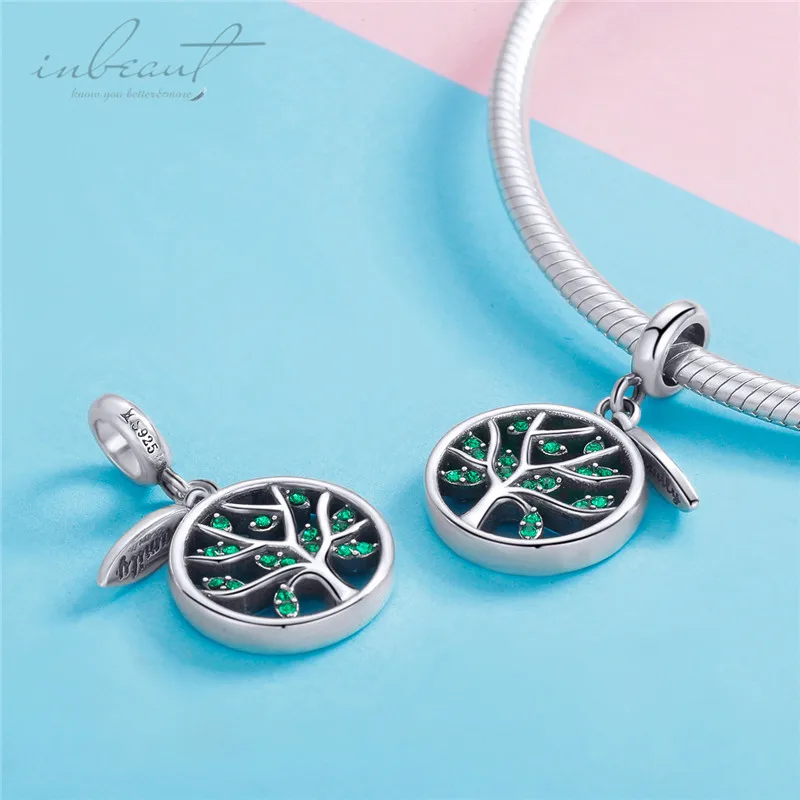 S925 Steling Silver fit Pandora Bracelet Large Green Tree Charms Zircon 925 Forest Wood Leaves Beads for Bangles Jewelry Making