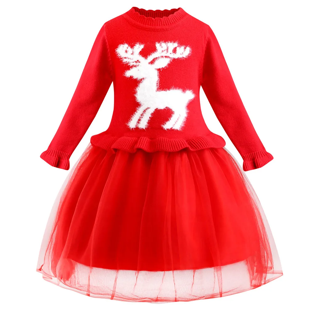 Детское рождественское платье с оленем для девочек Рождественские вечерние платья принцессы из тюля на свадьбу для девочек, зимнее вязаное теплое платье, одежда От 2 до 10 лет