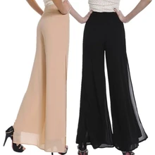 

Hot Sale Summer New Female Wide Leg Pants Womens High Waist Double Layers Split Chiffon Pants Loose Black Elegant Trousers