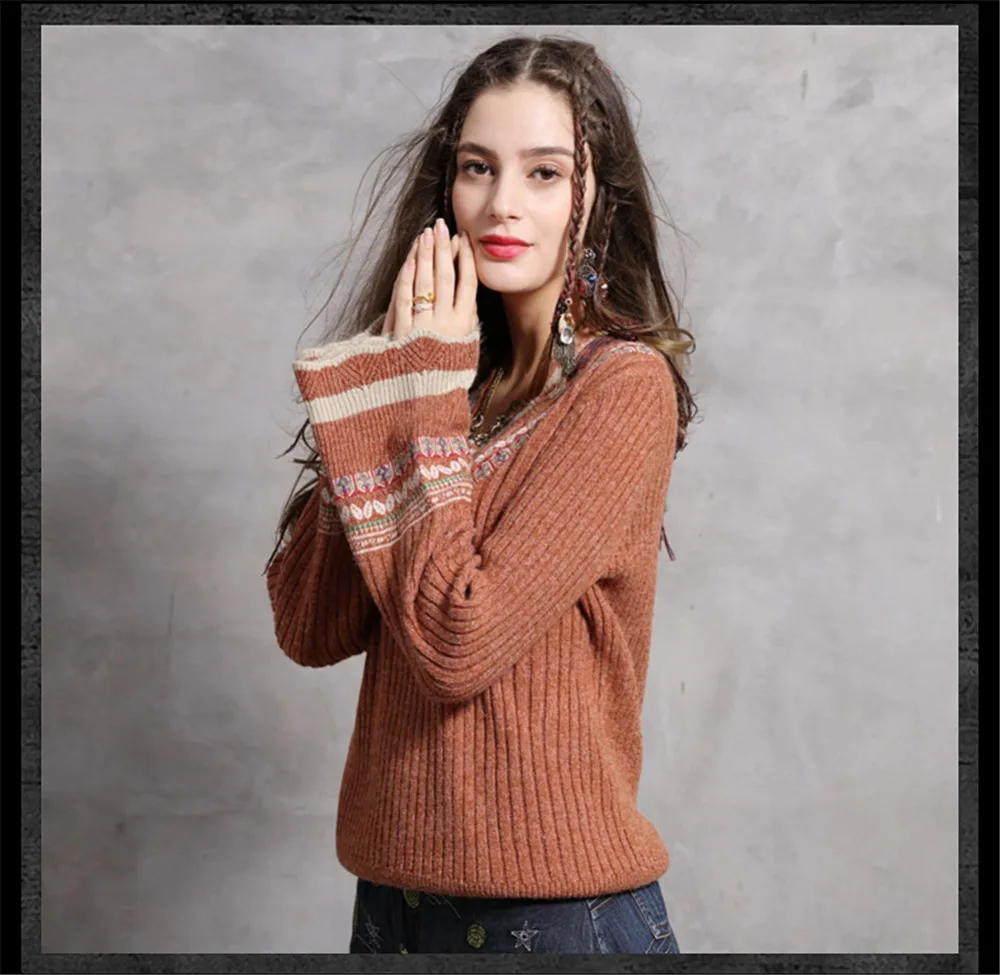 Spring Women Embroidery Loose Sweater 2020 Knitting Cotton Wool Pullover Flare Sleeve V neck Christmas bottoming Sweaters 9268 (7)