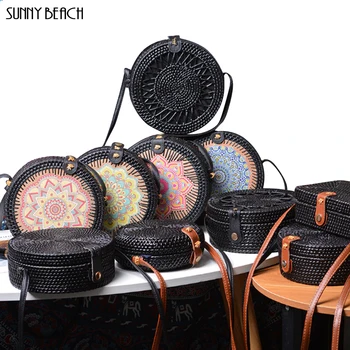 

New Black Round Rattan Bags For Women Beach Crossbody Bag Straw Handmade Woven Circle Shoulder Bag Female bags