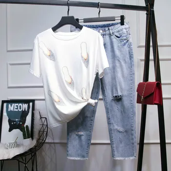 

Women 2020 2Pcs Summer Stylish Short Sleeved Tshirt+Heavy Work Jean Rippered Hole Denim Pants Suit