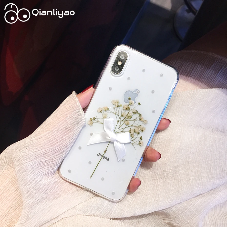 

Qianliyao Dried Real Flower Cases For iPhone X XS Max XR Handmade Gold Foil Pearl Bow Cover For iPhone 6 6S 7 8 Plus Phone Case