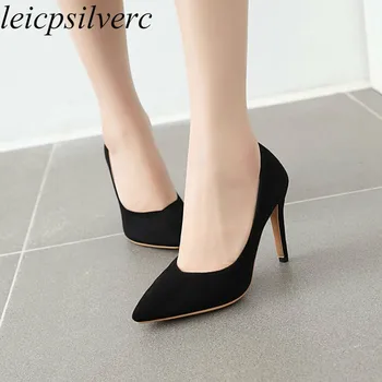 

Women Pumps Super High Heel Pointed Toe Flock Thin Heels Slip on Basic 2020 Sexy New Fashion Casual Sweet Party Black Red Yellow