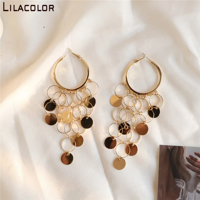 

Asymmetric Long Tassel Women Drop Earrings Sequins Round Circle Dangle Earrings Girls Party Beach Ear Jewelry Statement