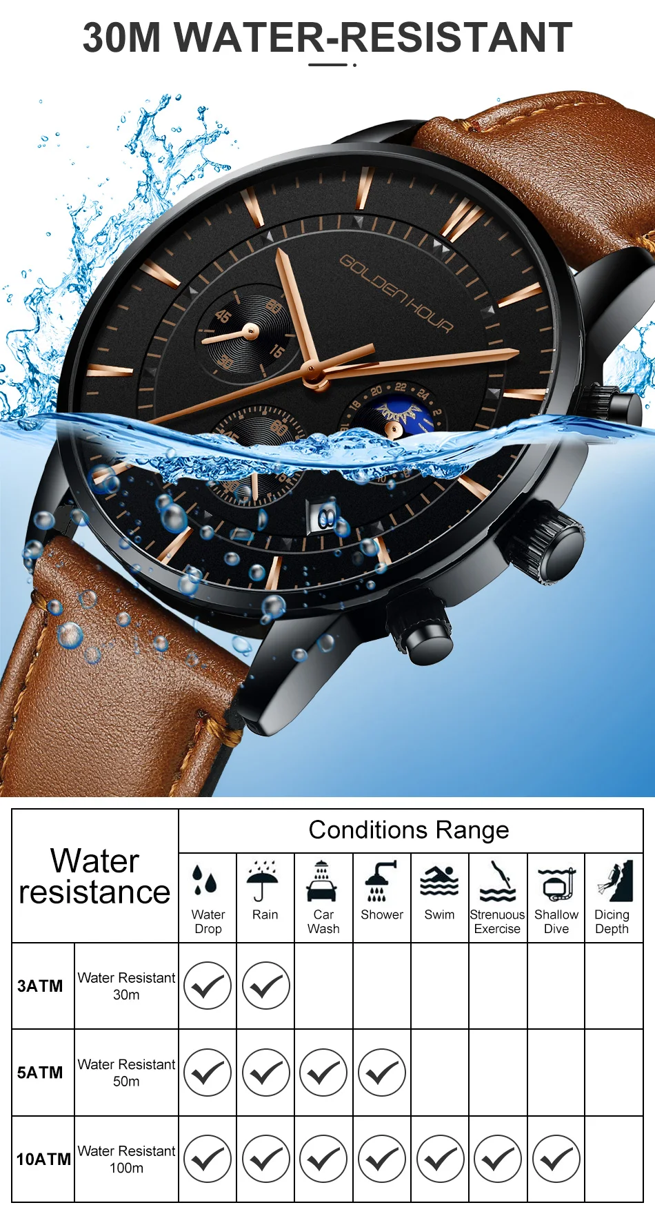 GOLDENHOUR мужские часы лучший бренд класса люкс Модные кварцевые часы мужские кожаные водонепроницаемые спортивные наручные часы мужские Relogio Masculino