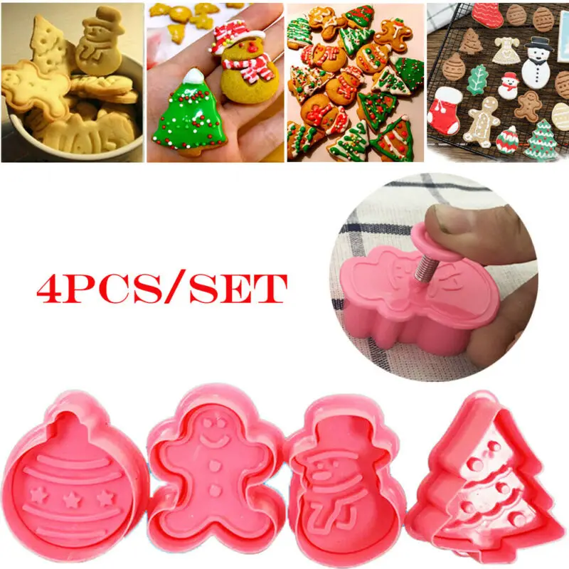 4Pcs Christmas Cookie Biscuit Plunger Cutter Mould Fondant Cake Mold Baking