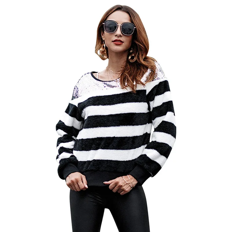 Womens Sweaters 2019 Winter Oversized Knitted Sweater Long Sleeve Striped Pullovers Sweaters Women Loose Casual Velvet Sweater