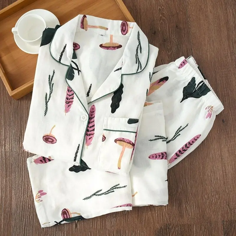 

100% Cotton Spring Women Cotton Pajamas Sets Long Sleeve Turn-down Collar with Pocket Pyjama Button Top+Pants Pijama