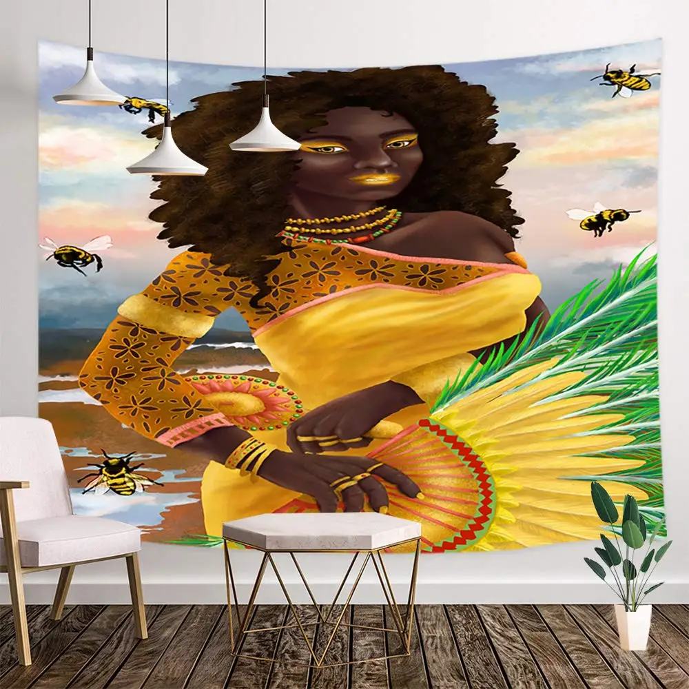 Black Afro Girl Holds A Feather Fan and Honeybee on Country Fields Tapestry Custom | Дом и сад