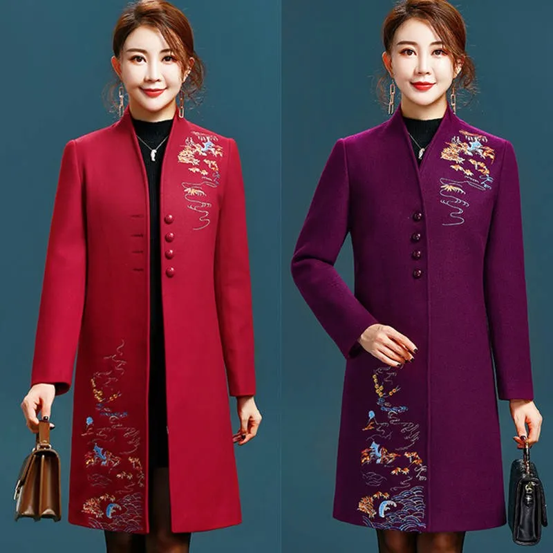 Зима осень винтажная Женская Вышивка Фиолетовый Красный тонкий стоячий воротник шерстяное пальто, 4xl вышивка шерсть Длинные пальто для женщин