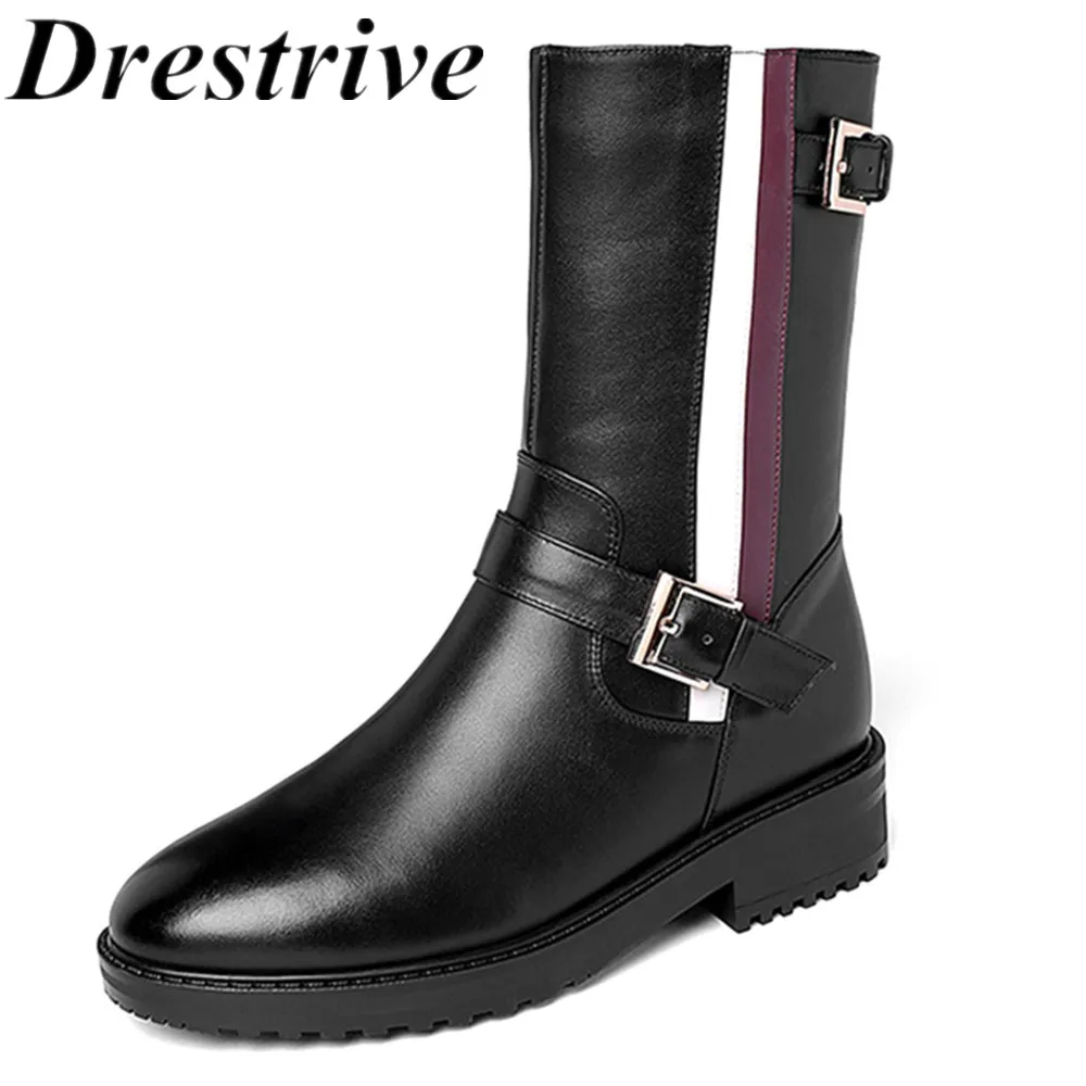 

Drestrive Full Genuine Leather Women Mid Calf Boots Low Heel Platform Non Slip Buckle Ladies Winter Shoes Cow Leather Zipper