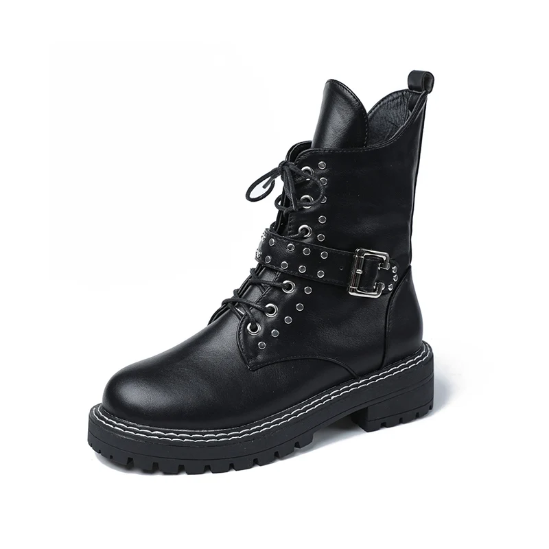 Черные Ботинки martin с перекрестной шнуровкой bottes femme женские мотоциклетные ботинки на толстом каблуке до середины икры, 2 стиля, металлические сапоги
