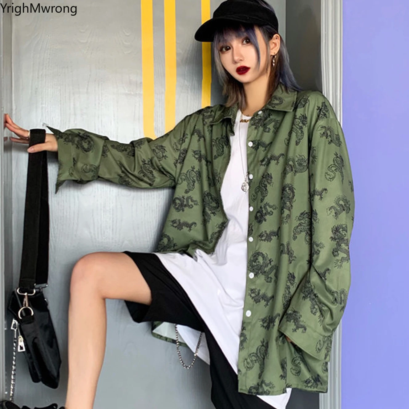 

Long Sleeve Vintage Dragon Graphic Print Hip Hop Korean Streetwear Harajuku Cardigan Blouse Shirt Top Oversized Loose Punk Blusa