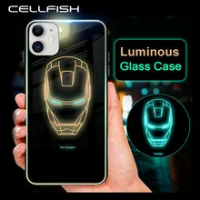Светящийся в темноте закаленный стеклянный светодиодный чехол для iPhone 11 Pro MAX XS XR 6S 7 8 Plus 7Plus 8 Plus 11Pro Coque Marvel чехол для телефона