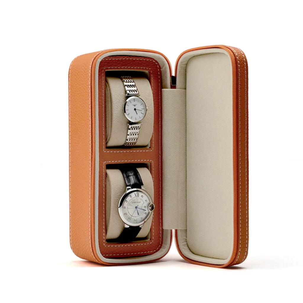 

2 Grids Zipper PU Leather Watch Display Box with Pillow Ring Earrings Luxury Jewelry Collection Storage Durable Case