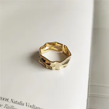 

RUIYI Real 925 Sterling Silver Women Irregular Uneven 18K Gold Rings Female Luxury Wedding Jewerly Wrinkle Texture Niche Rings