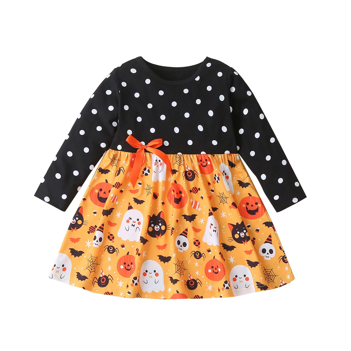Toddler Baby Kids Girls Halloween Dress Round Neck Long Sleeve Polka Dots Cartoon Printed Patchwork |