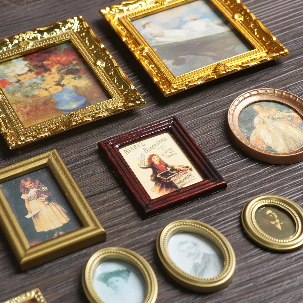1:12 Scale Mini Oil Painting for Decor Dollhouse Kids Toys Doll House Miniature Ornament Resin Crafts Vintage Framed Photos