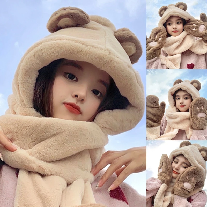 2022 New 3 in 1 Bear Winter Hat Scarf Gloves For Women Fashion Hooded Scarf Hat Glove thermal aviator bomber hat