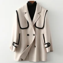 

Spring Double-sided Woolen Coat Women's Black Loose Solid Color Commuter Double Breasted New Woolen Jacket Medium Length