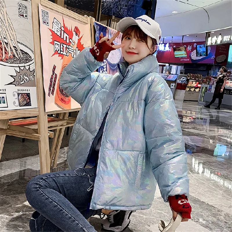 light blue Модная одежда пуховики женские повседневные круглый воротник с капюшоном на молнии Верхняя одежда Зимние Новые Женские глянцевые теплые куртки - Цвет: light blue