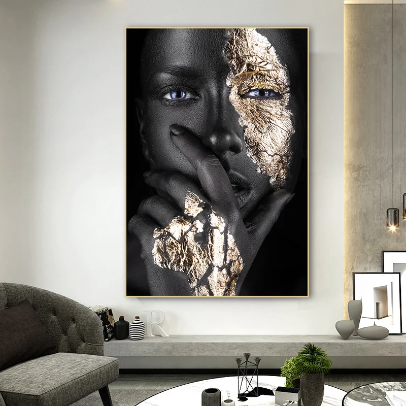 Masked African Woman Canvas Painting Golden Black Women Posters And Prints Modern Luxury Wall Art Pictures For Living Room Decor Painting Calligraphy Aliexpress