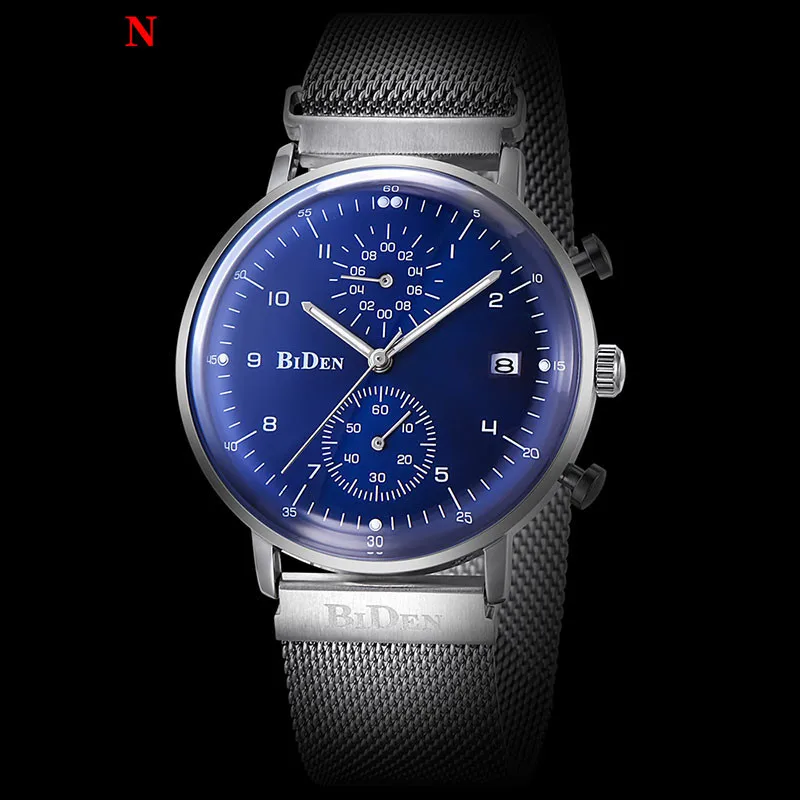 Мужские часы BIDEN relojes mujer кварцевые часы Отображение даты из нержавеющей стали с сетчатым ремешком водонепроницаемые наручные часы с хронографом 0075