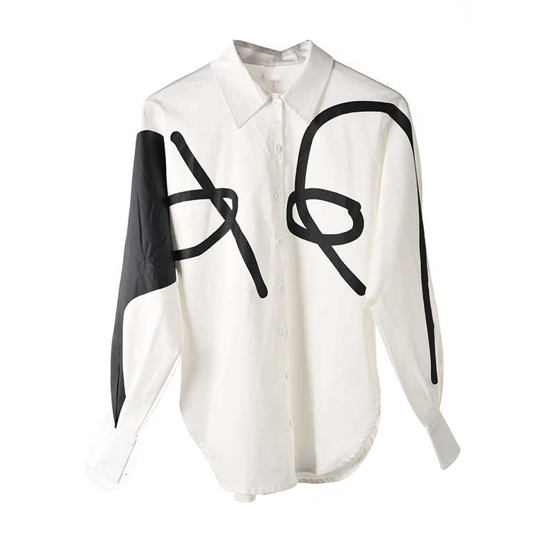 [EAM] Женская блузка с принтом и большим плечом, новая свободная рубашка с отворотом и длинным рукавом, модная весенняя Осенняя JI4350 - Цвет: White