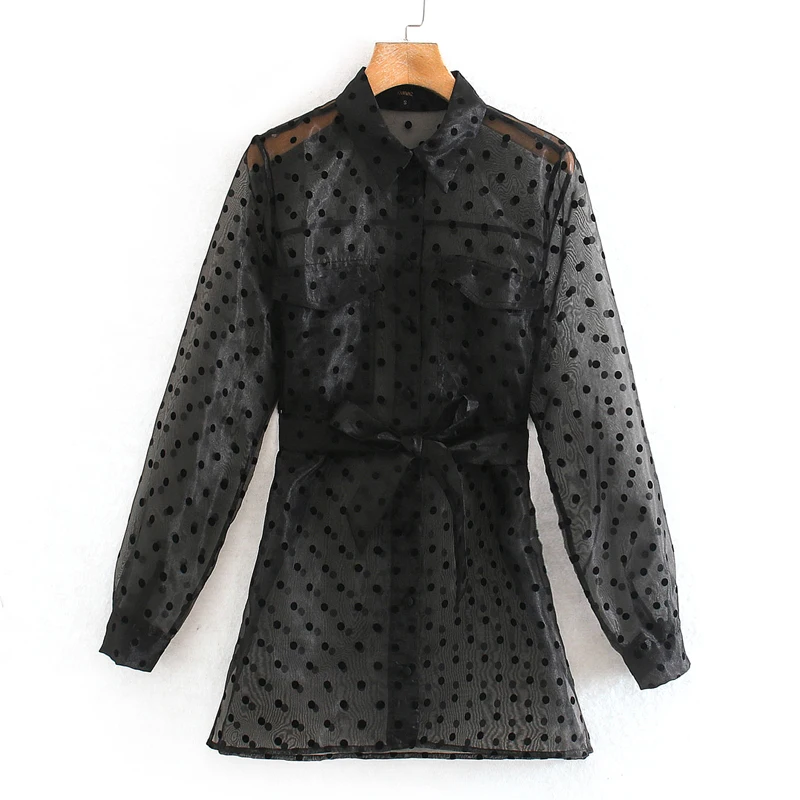 

AGong Perspective Organza Blouses Women Fashion Turn Down Collar Shirt Women Elegant Tie Belt Long Sleeve Tops Female Ladies LAD