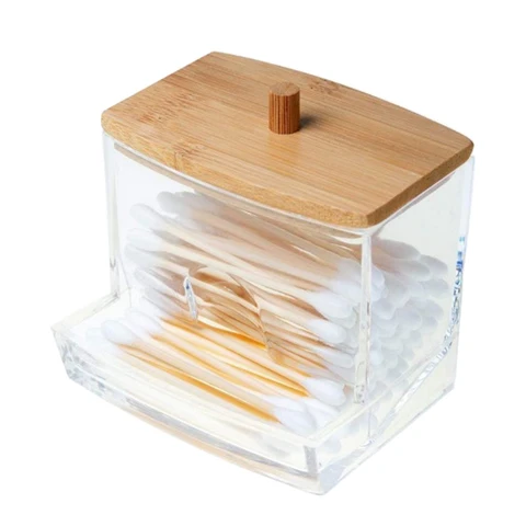 Swab Storage Bamboo Cover Acrylic Round Container Cotton Puff Storage Box Makeup Remover Box Makeup Storage Organizer