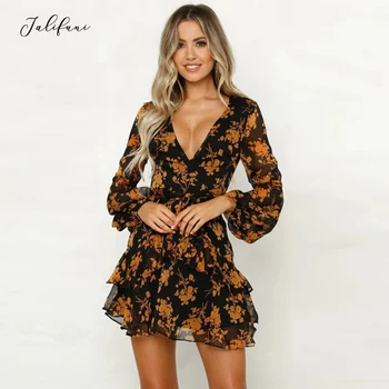 

Women Floral Leaf Print Lantern Sleeve Dress V-Neck Empire Waist Lace Up Dress 2020 Ladies Summer Beach Casual Mini Dress Jurken