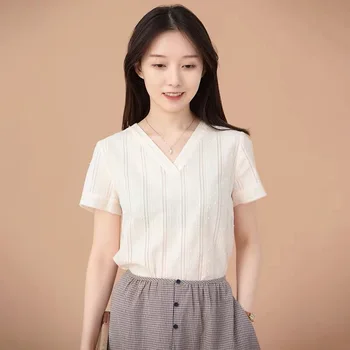 

CYNTHIA 2020 Summer Women Blouse Female Vintage V-neck Cotton Short-sleeve Shirts