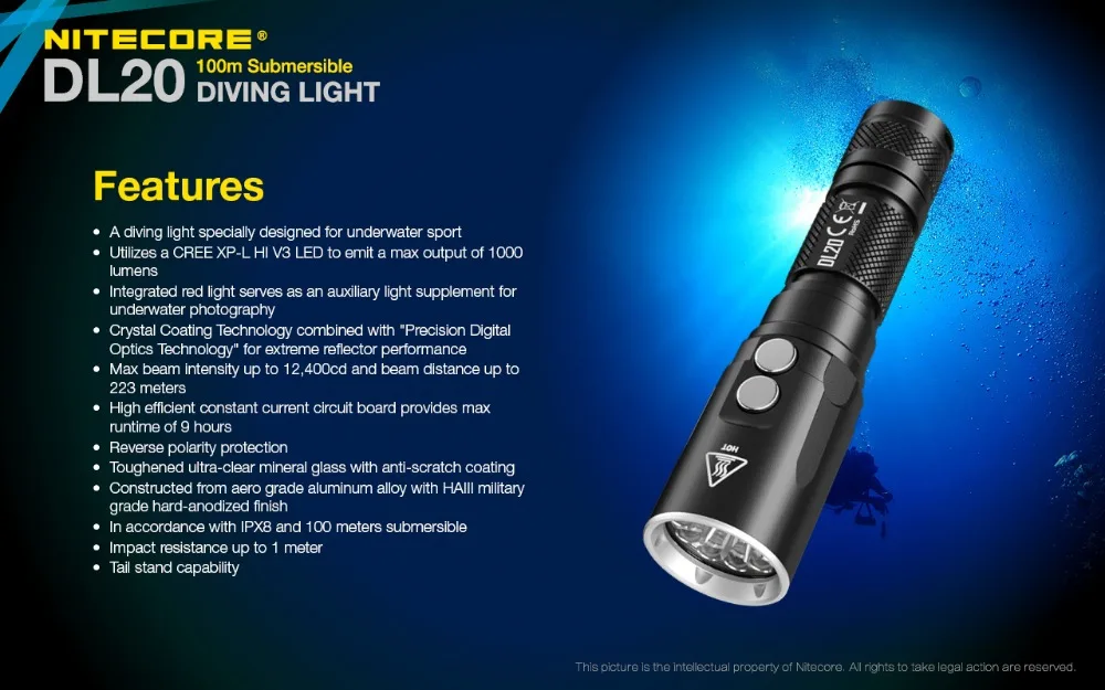 NITECORE DL20 подводный фонарик CREE XP-L HI V3 max 1000lm бросок 223 м 100 м Водонепроницаемый погружной Дайвинг свет с батареей