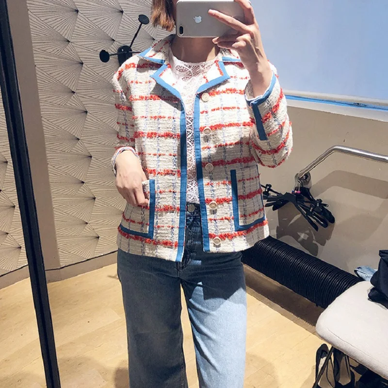 Sweet Plaid Print Women Jackets and Coats Runway Elegant Single Breasted Lady Short Jacket Overcoat Autumn Winter Clothes