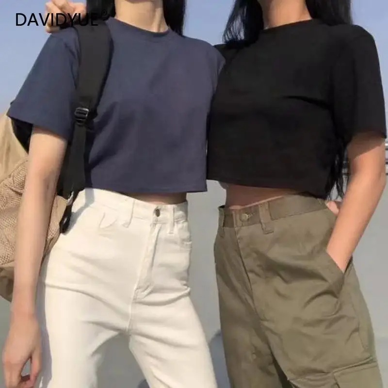 Черный короткий топ Женская Корейская рубашка винтажная kawaii одежда Твердые футболки хлопок женские 2019 летние короткие сексуальные топы