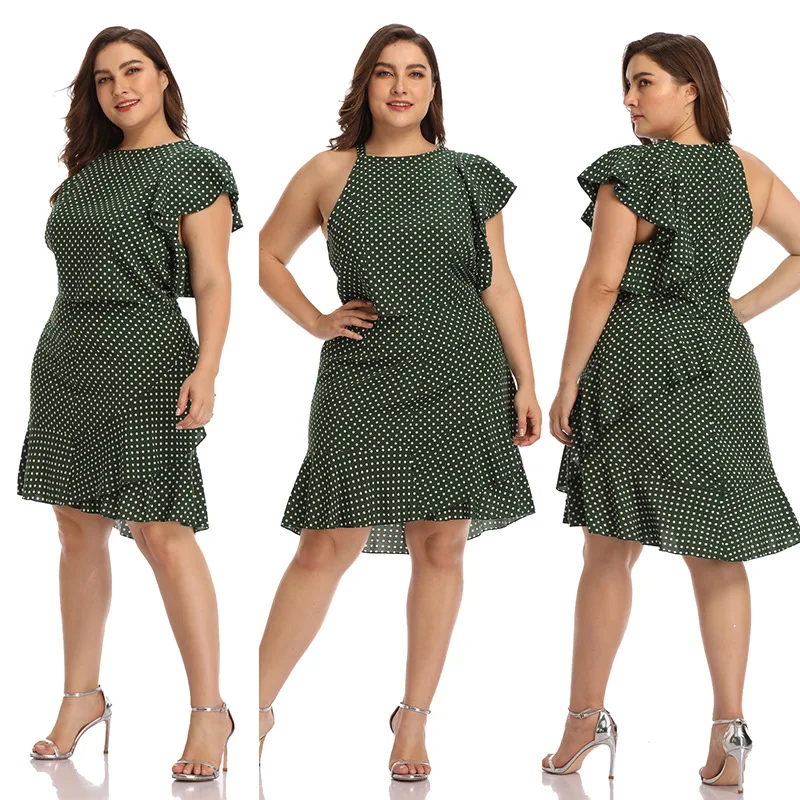 19229 Female Green Polka-dot Midi Dresses Summer L XL XXL 3XL 4XL Fat Cloth Office Lady Wear Set Woman Plus Big Size Elegant | Женская