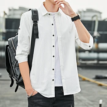 

Man Cotton Cropped Sleeves Shirt Solid Color Slim Shirts Male Korean version Party Dinner Blouse Summer New 2020