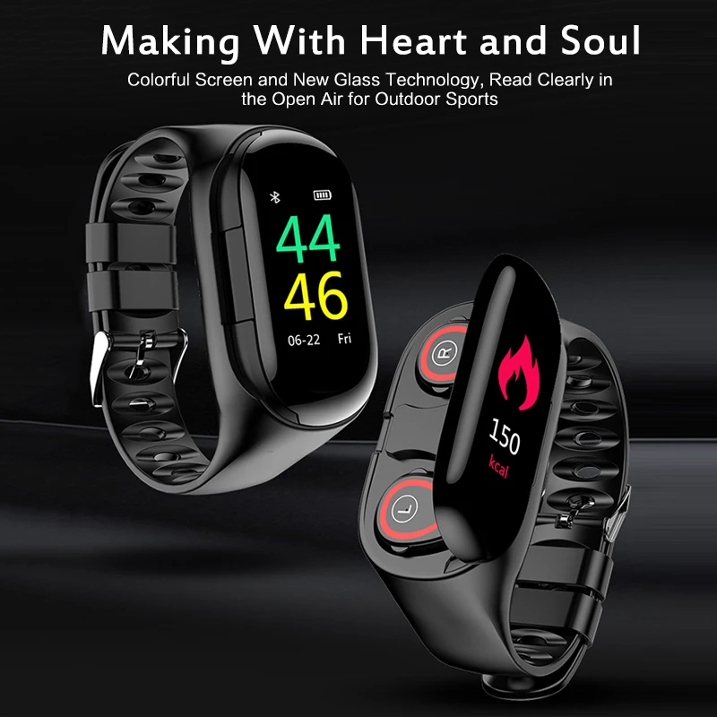 

KUGE M1 Wireless Bluetooth Earphone With Heart Rate Monitor Stereo Earbud Headset Long Time Standby Sport Watch Wristband Men