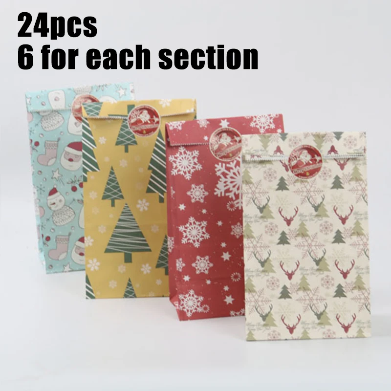 

24*Kraft Paper Bags+1*Sticker Square Base Oil-proof Packing Bags For Christmas Food Cookie Gift Packing Bag