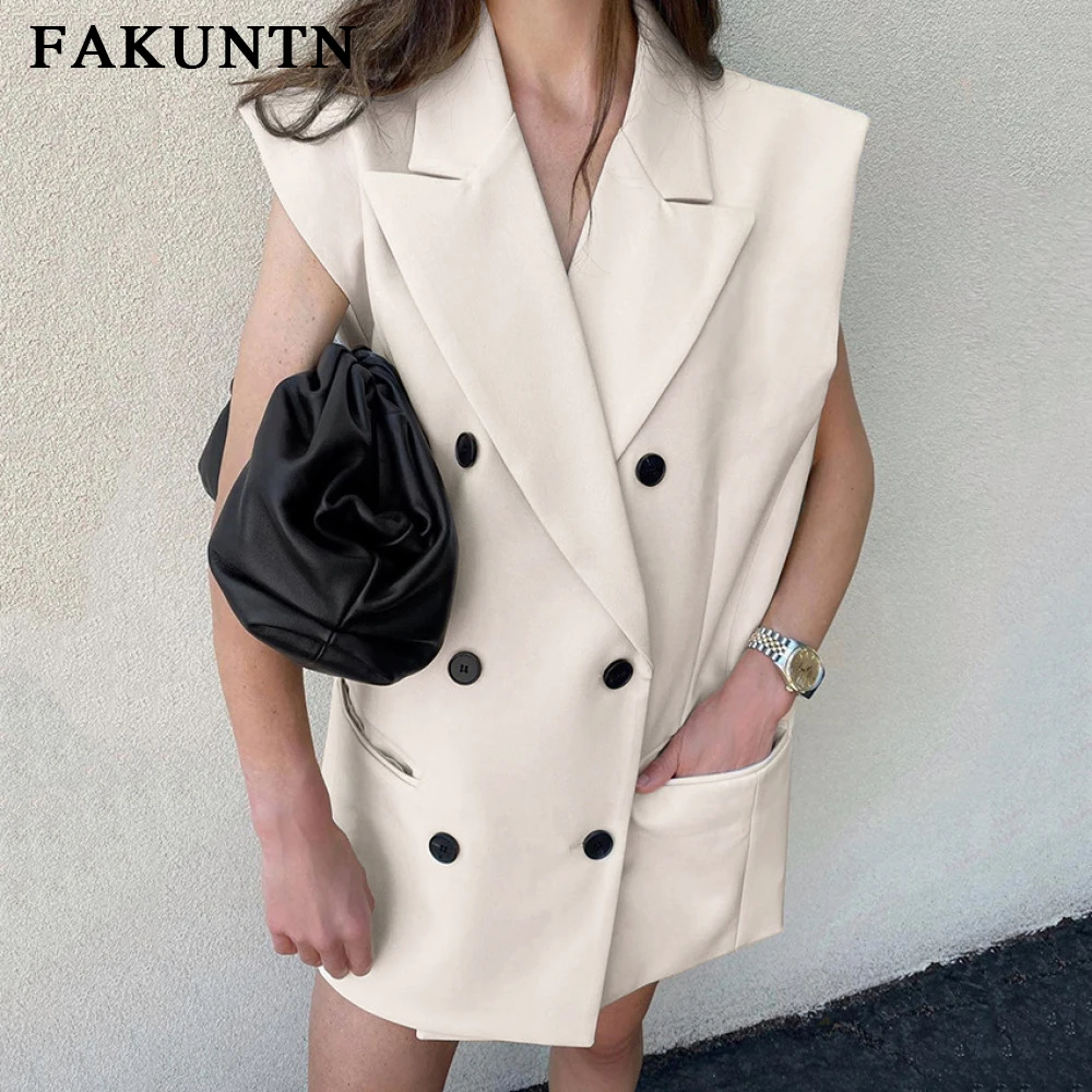 

FAKUNTN Woman Vest 2021 Fashion Autumn Winter Casual Elegant Double Breasted Sleeveless Jacket Women Office Female Waistcoat