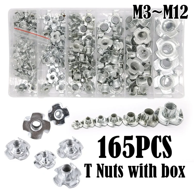 

165pcs Carbon Steel Four Pronged T Nuts M3/M4/M5/M6/M8/M10/M12 Blind Inserts Nut For Wood Furniture