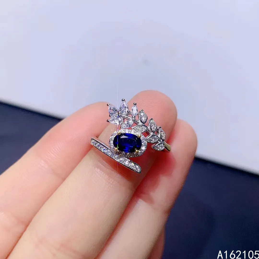 

925 pure silver Chinese style natural Sapphire women's noble elegant exquisite plant adjustable gem ring fine jewelry support de