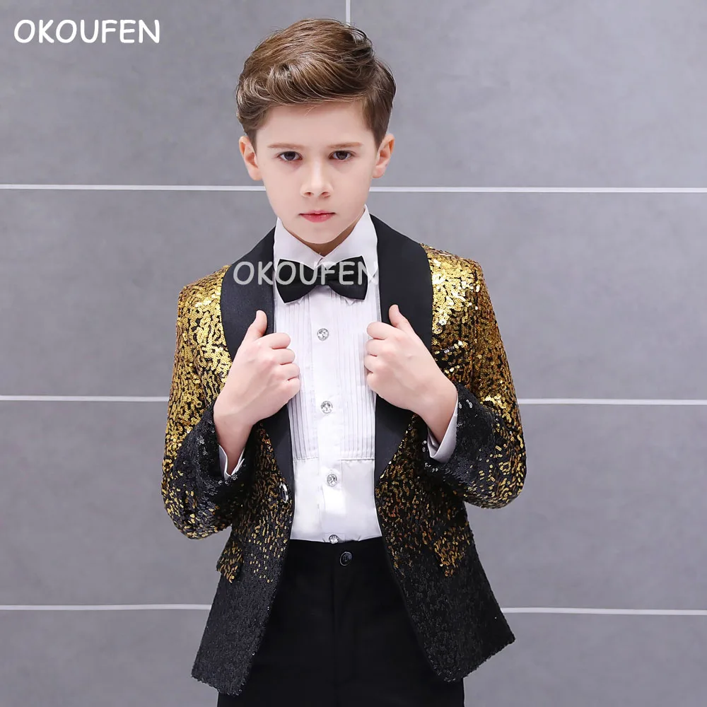 

Children's fashion gradient sequins blazers boy dress stage catwalk piano show suit boy flower girl coat