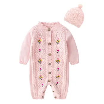 

Baby Girl Autumn Winter Long-sleeved knitted Jumpsuit Sweet Embroidered Knitted Single-breasted One-piece Long Pants and Hat