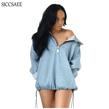 

Zanzea Zipper Front Denim Hoodies For Women Oversized 2019 Sweatshirt Loose Jeans Streetwear Casual Pullover Long Sleeve Moleton