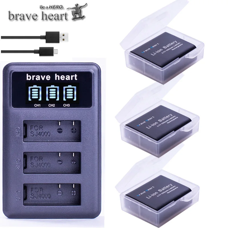charger and 3battery 3X3,7 v 1050mAh батарея SJ4000 Батарея SJ5000 SJ6000, Wi-Fi+ ЖК-дисплей Зарядное устройство для спортивной экшн-камеры SJCAM sj 4000 5000 6000 7000 8000 sj9000 M10 - Цвет: charger and 3battery