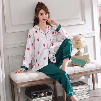 

Spring Autumn Print Pattern Women Pajama Set Satin Silk Turn-down Collar Pajamas Sleepwear Long Sleeve Trousers Two Paper Suit