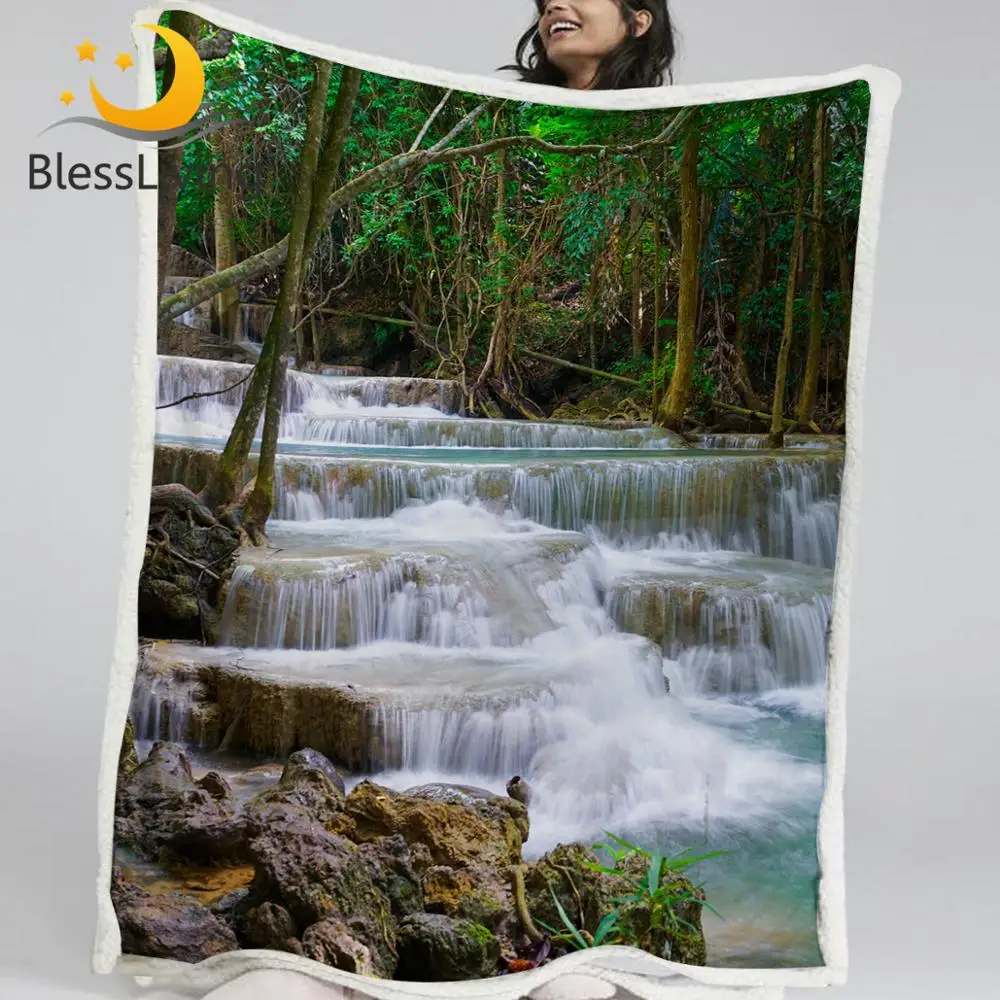 

BlessLiving Waterfall Sherpa Blanket Beautiful Landscape Plush Bedspread 3D Printed Blankets For Bed Thailand Scenery Cobertor