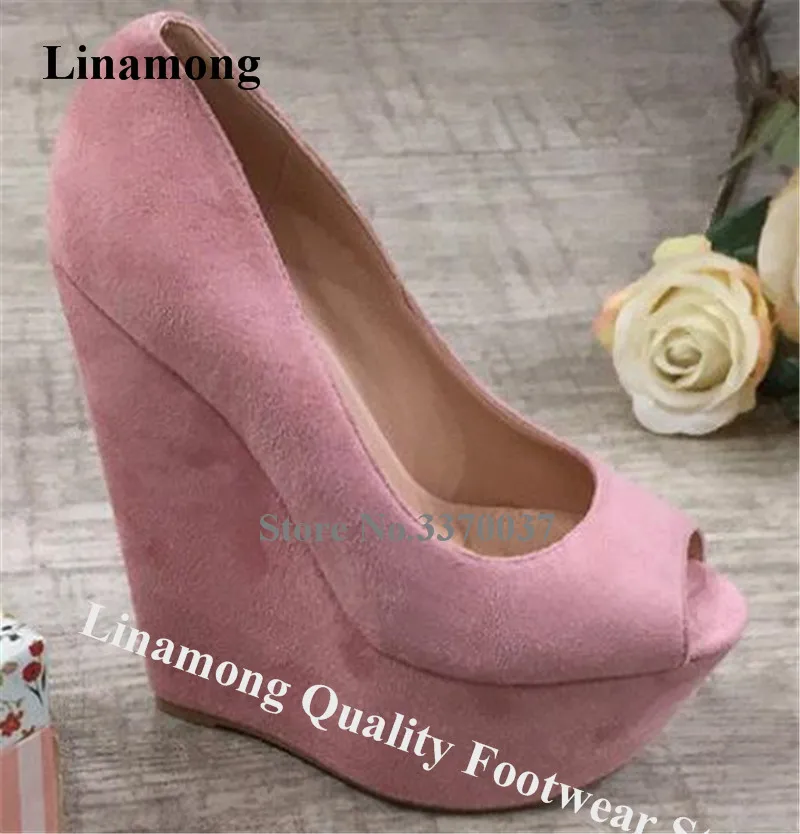 

Linamong Western Fashion Peep Toe High Platform Wedge Pumps Pink Black Slip-on Suede Leather Wedges Height Increased Heels